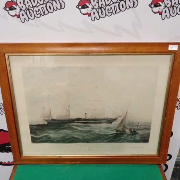 Antique steamship engraving, detailed 19th-century maritime art print.