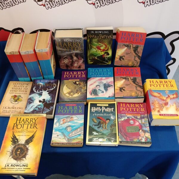 Collection of Harry Potter books by J.K. Rowling, showing covers.