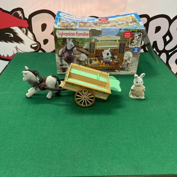 Sylvanian Families farm cart with white horse, collectible toy.