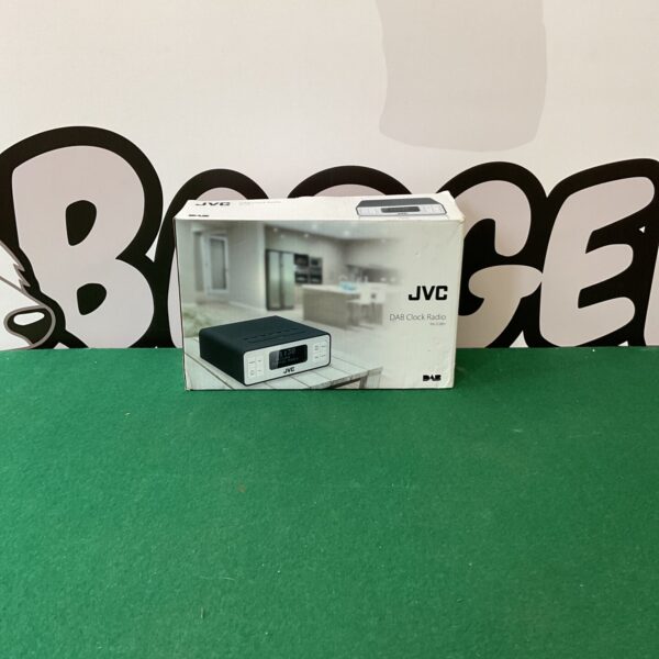 JVC DAB clock radio on a white background.