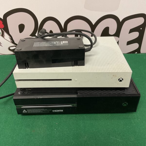 Two Microsoft Xbox One consoles presented as a gaming lot.