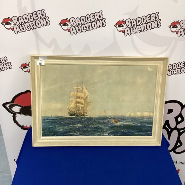 Vintage framed sailing ship print, detailed nautical seascape art.