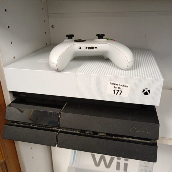 Gaming consoles lot featuring Xbox One and Playstation 4.