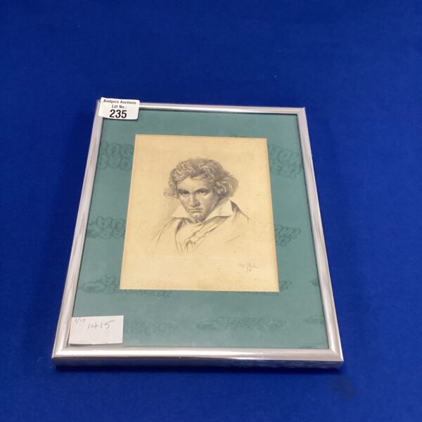 Vintage pencil drawing of Beethoven, a classical composer portrait.