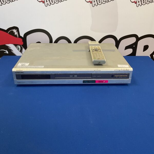 Silver Sony RDR-GXD310 DVD recorder with remote control.