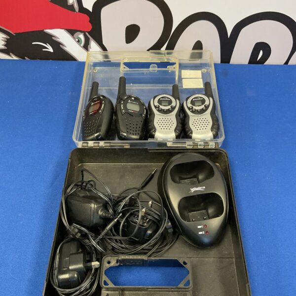 Black Cobra walkie talkies in open carrying case.