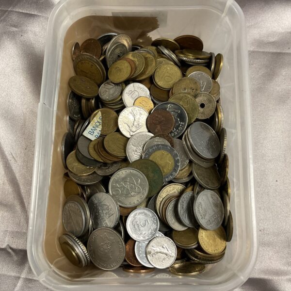 Assorted coin lot with mixed world currencies in a plastic tub.