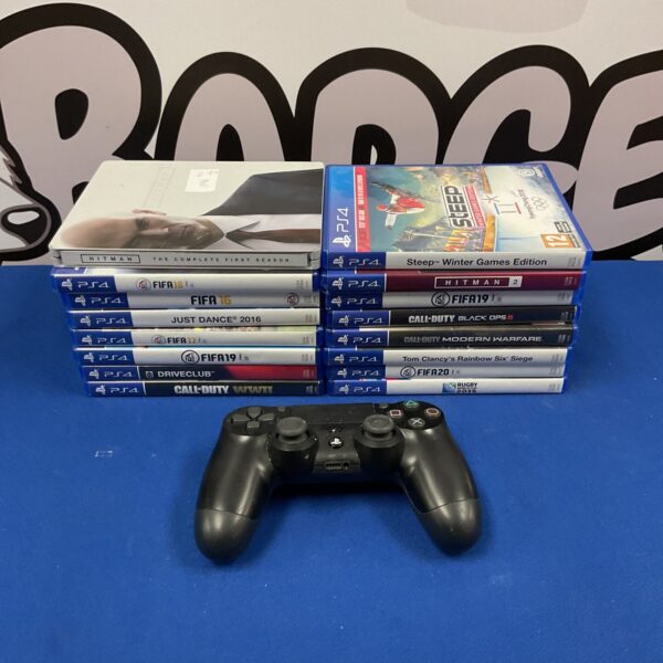 PlayStation 4 games bundle with controller and various titles.