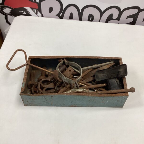 Vintage metal hardware lot with brackets and hooks.