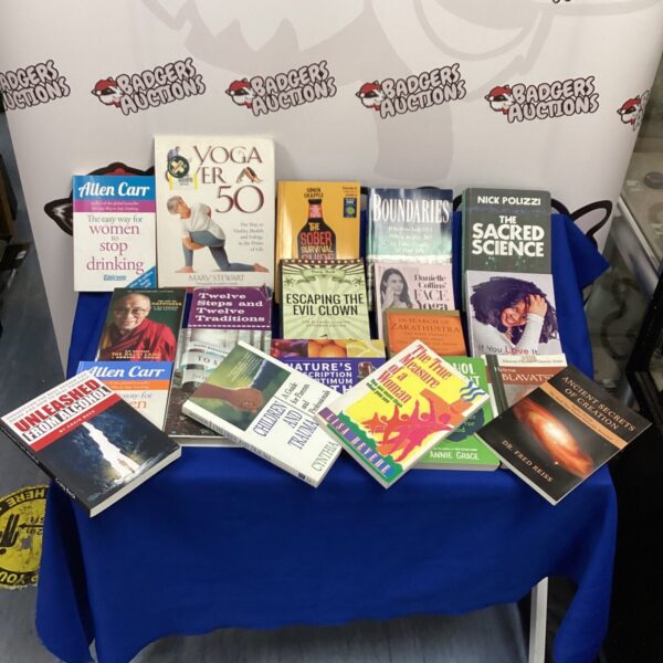 Wellbeing and health book lot with Allen Carr title visible.