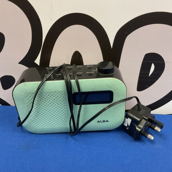Green Alba DAB radio with controls visible.