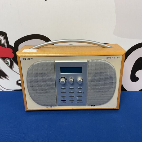 Close-up of a silver Pure Evoke 2 XT DAB radio.