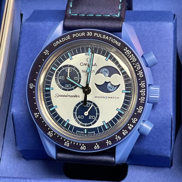 Front view of the Omega Swatch MoonSwatch Super Blue Moonphase bioceramic watch.