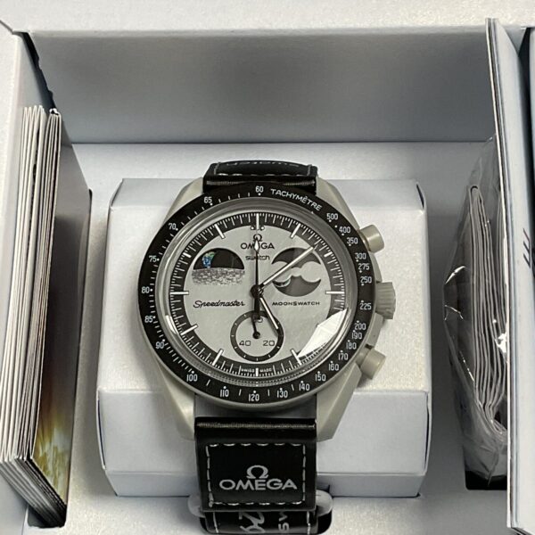 Blue Omega Swatch MoonSwatch Earth bioceramic watch.