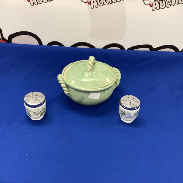 Vintage Royal Worcester egg coddlers and hand made dish set.