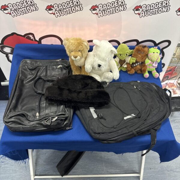 Vintage leather satchel, rucksack, and teddy bear lot for collectors.