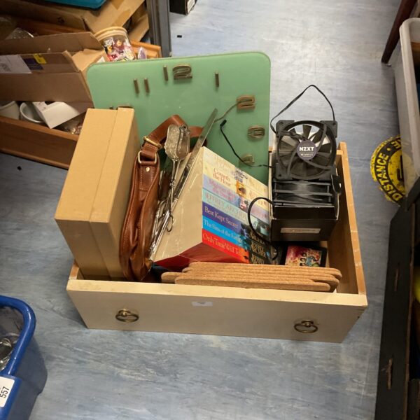 Mixed lot of books, PC fans, and cutlery for sale.