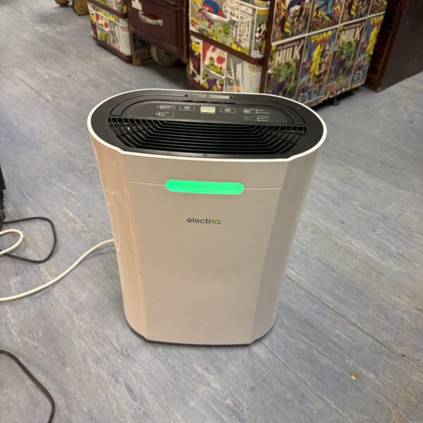 Front view of a white Electriq portable dehumidifier.