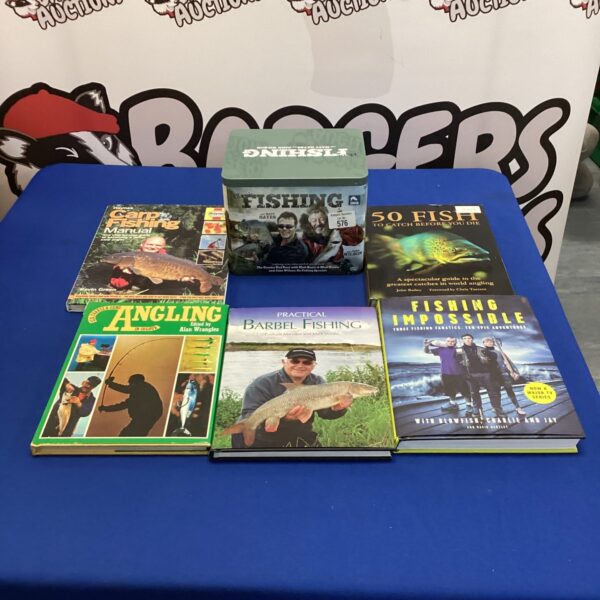 Front view of a collection of fishing books and a DVD boxset.