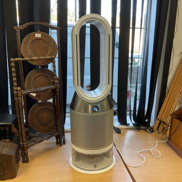 Front view of a grey Dyson air purifier fan.
