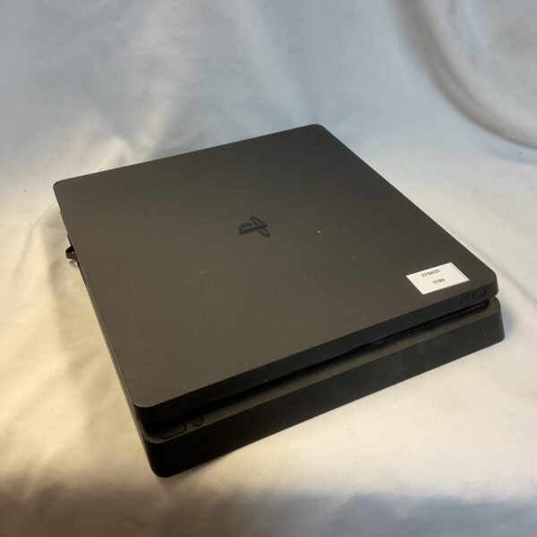 Black Sony PlayStation 4 Slim gaming console, side view.