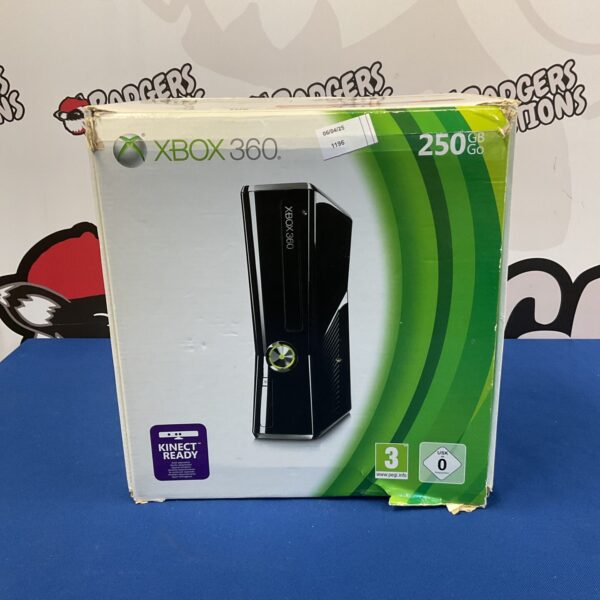 Boxed Microsoft Xbox 360 E gaming console with controller and cables.