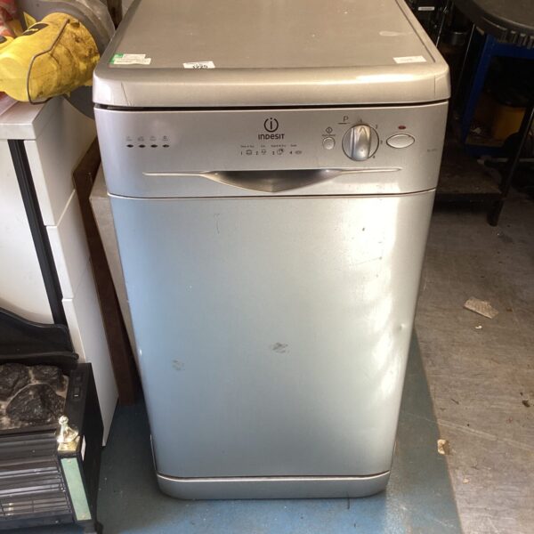 Front view of a white Indesit dishwasher in used condition.