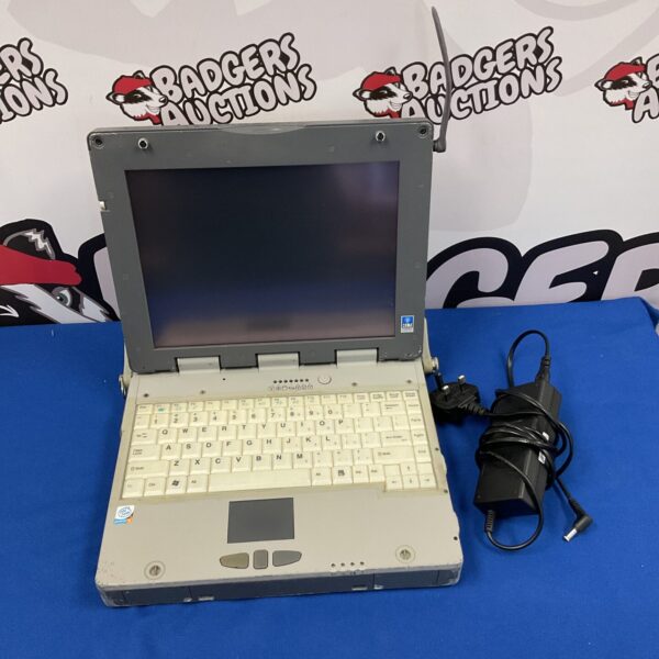 Front view of the retro Go Book II Ex laptop with charger.