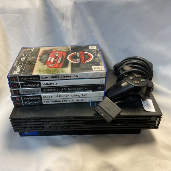 Sony PlayStation 2 console with bundled games for retro gaming.