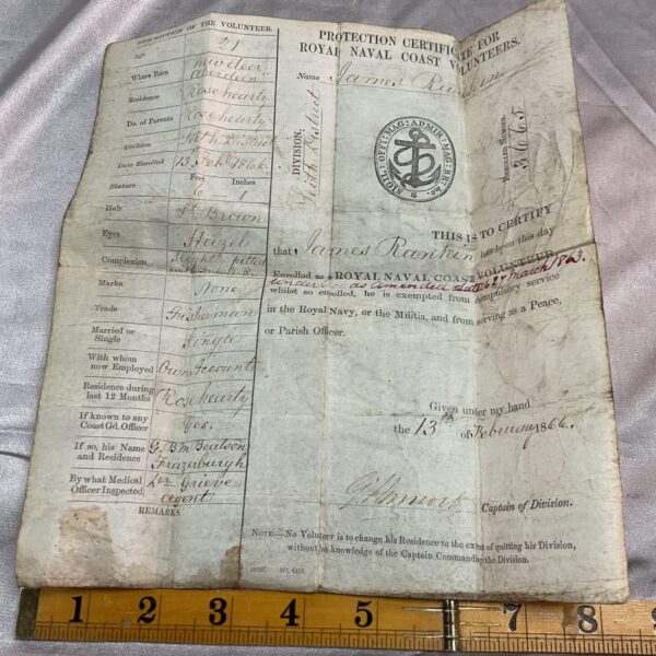 Antique Velum 1866 Protection Certificate for Royal Navy Voluneers