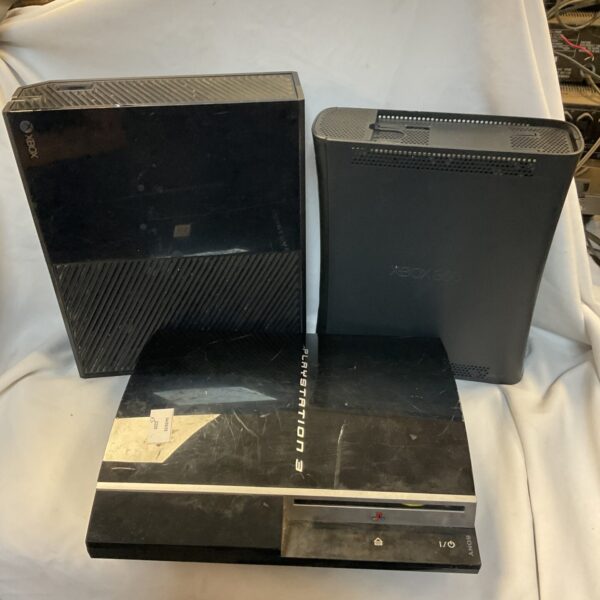 Gaming console lot featuring PlayStation 3 and Xbox 360.