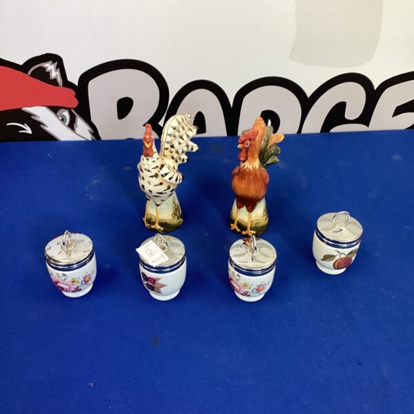 Vintage Royal Worcester egg coddlers and chicken salt pepper pots.