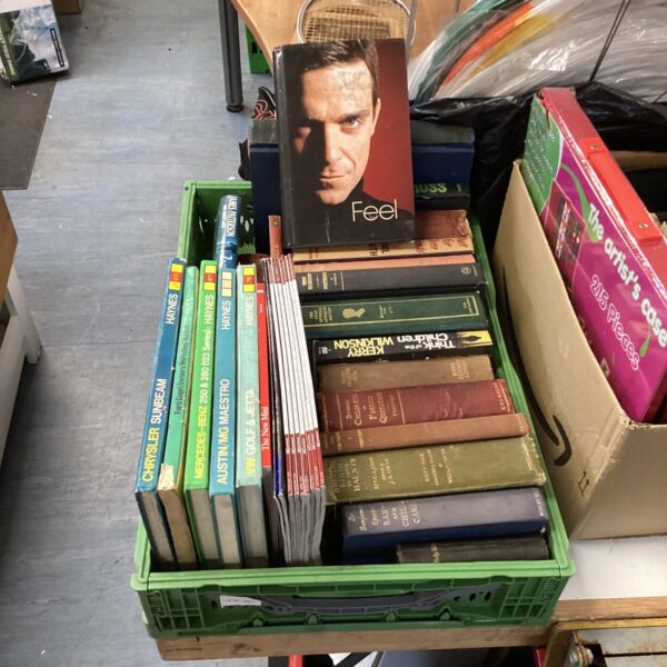 Mixed book lot including Robbie Williams autobiography and Haynes manuals.