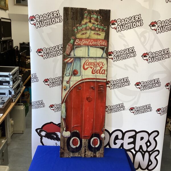 Vintage Coca Cola wooden wall art panel with vending machine design.