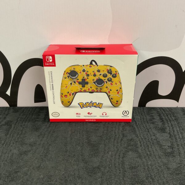 Front view of the Nintendo Switch Pikachu PowerA controller in box.