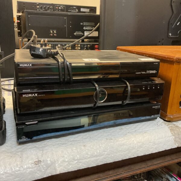 Lot of three Humax Freeview boxes for digital television.