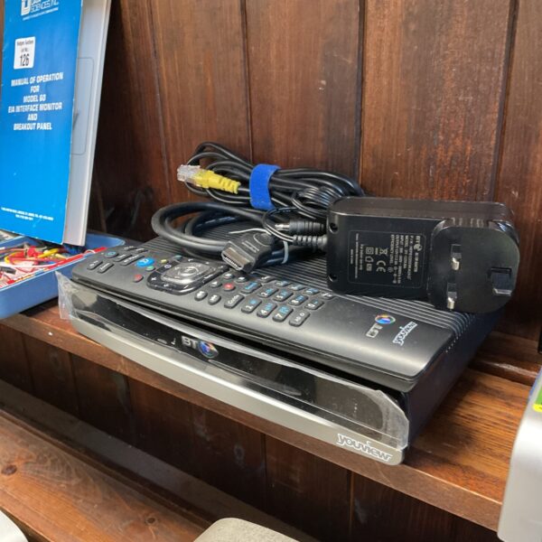 Black Youview BT TV box with remote control.