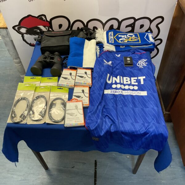 Mixed lot including Rangers shirt, binoculars, and cables.
