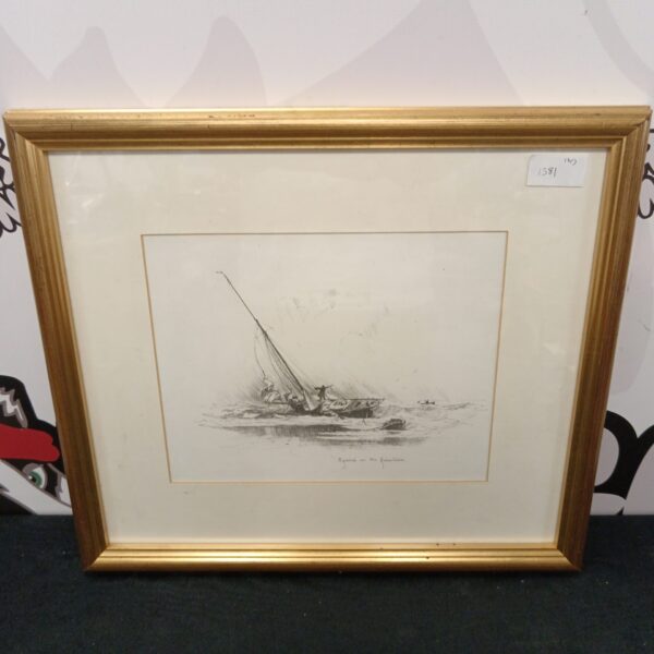 Detailed Martyn Mackrill etching of a boat aground on the Hohenhorn.