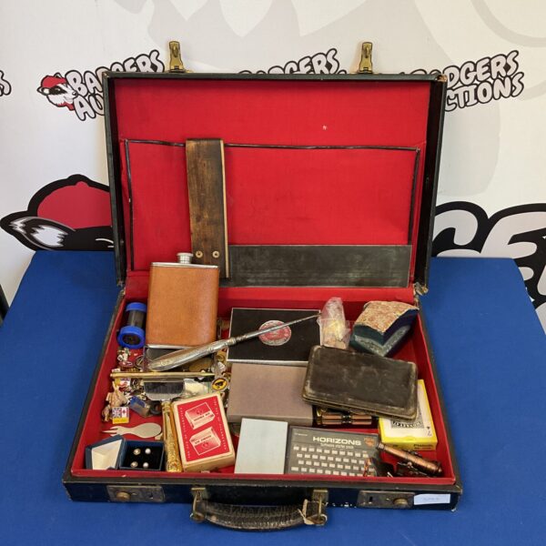 Vintage curiosity case filled with badges and pens.