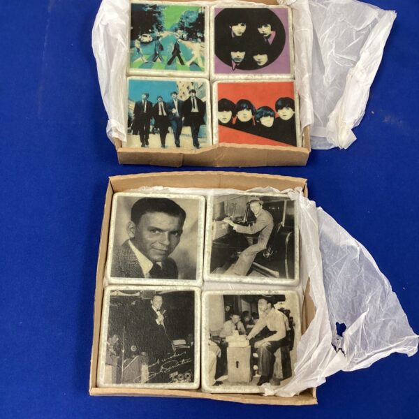 Vintage Beatles and Frank Sinatra coaster sets for collectors.
