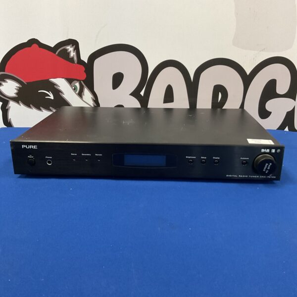 Silver Pure DRX-701ES DAB radio tuner on a dark surface.