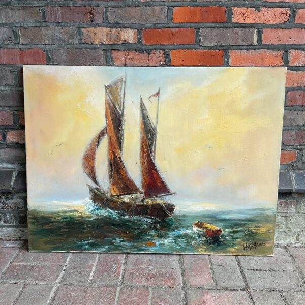 Vintage oil painting of a sailing boat signed Hawkins.