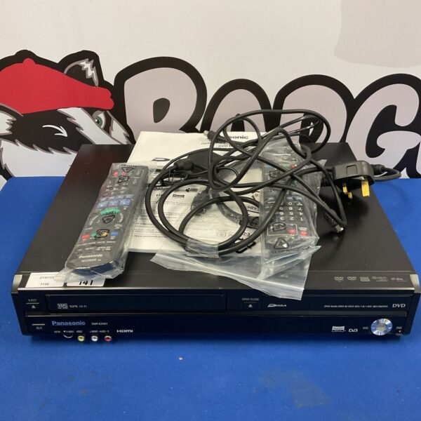 Panasonic DMR-EZ48V DVD/VCR combo recorder with remote control.