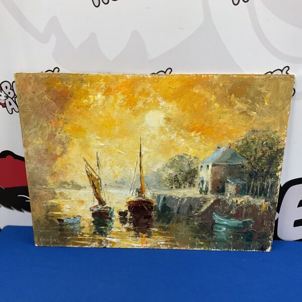 Vintage oil painting of sailing boats signed hawking, coastal scene.