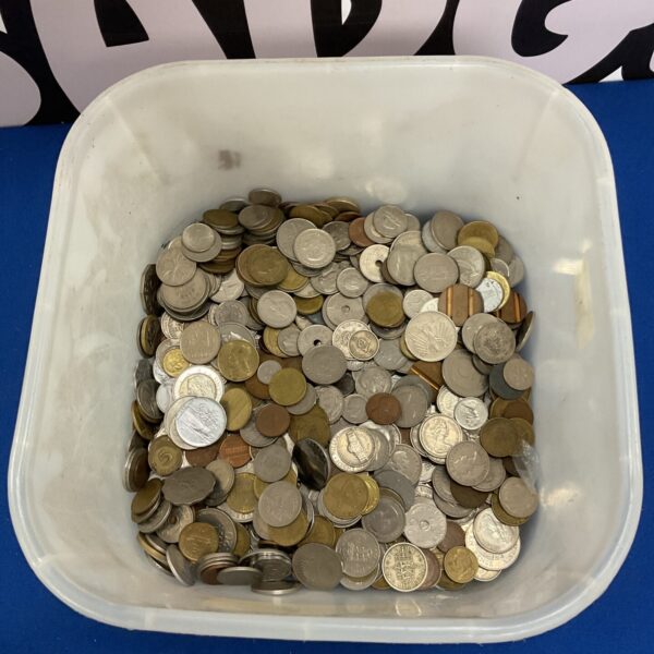 Tub filled with a large mixed lot of coins for collectors.