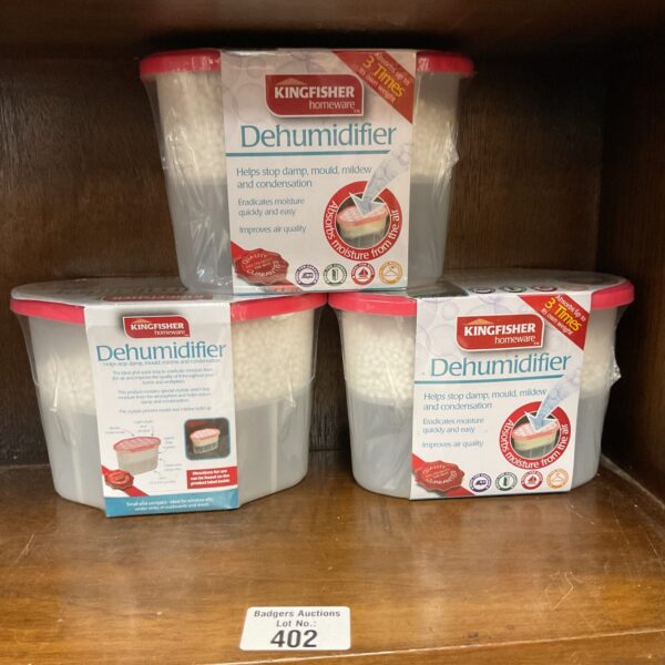 Three new Kingfisher Homeware dehumidifiers in packaging.