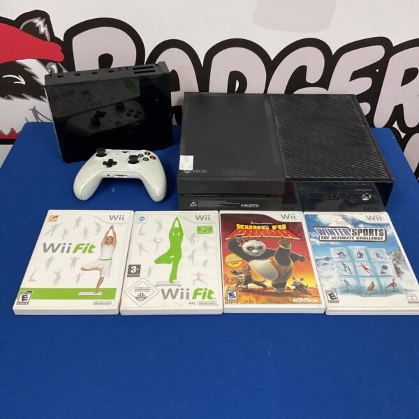 Xbox One and Nintendo Wii console bundle with controllers pictured.
