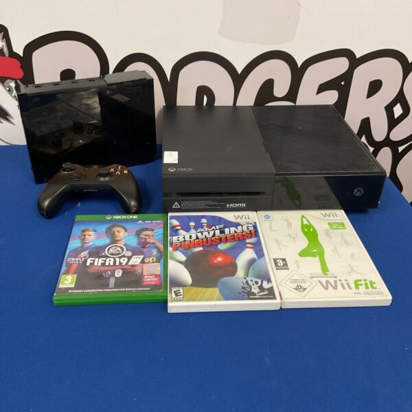 Xbox One and Nintendo Wii console bundle with controllers and games.
