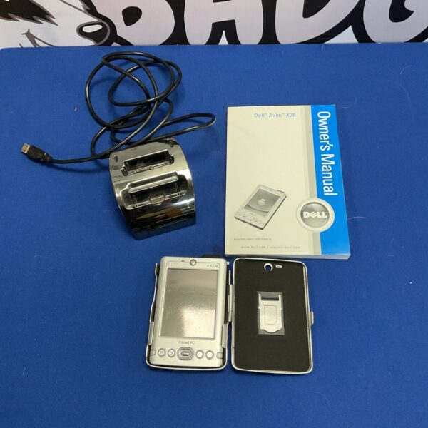 Dell Axim x30 Pocket PC with charging dock, vintage handheld computer.